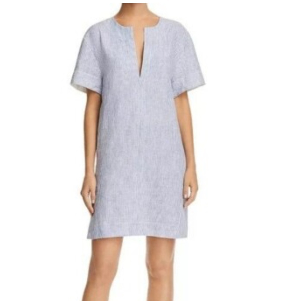 Theory Short Sleeve blue white striped linen popover shift Dress